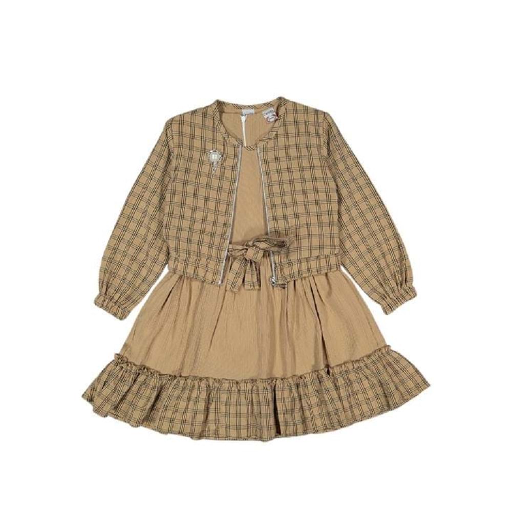 421507 Ekose Elbise 5-8 Yaş 5Y,6Y,7Y,8Y Kız - KAHVE - 7-8 YAŞ