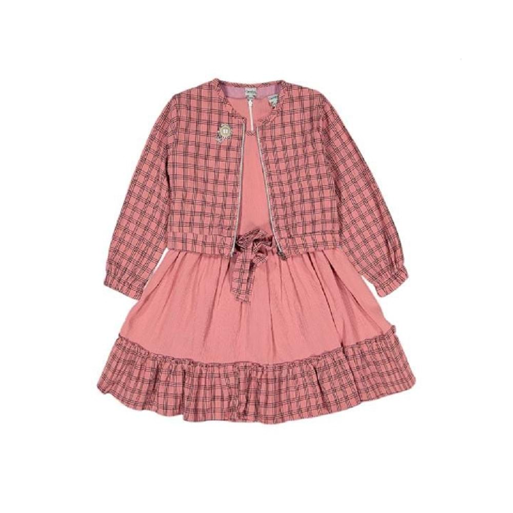 421507 Ekose Elbise 5-8 Yaş 5Y,6Y,7Y,8Y Kız - PEMBE - 5-6 YAŞ