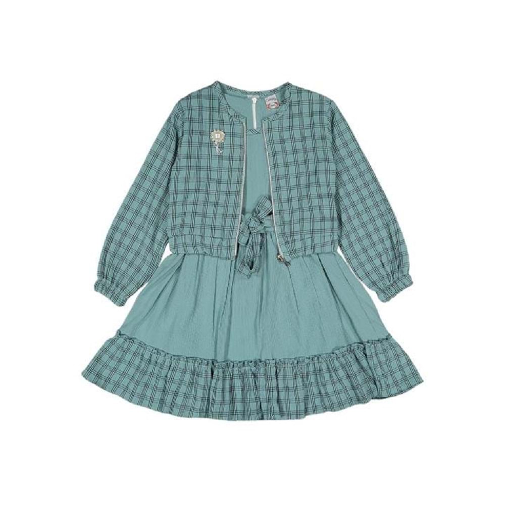 421507 Ekose Elbise 5-8 Yaş 5Y,6Y,7Y,8Y Kız - SU YEŞİLİ - 4-5 YAŞ