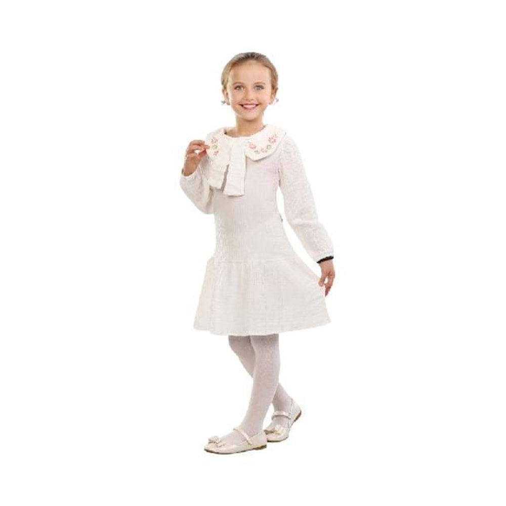 426216 Yaka Nakışlı Müslin Elbise 7Y,8Y,9Y,10Y Kız - BEYAZ - 6-7 YAŞ