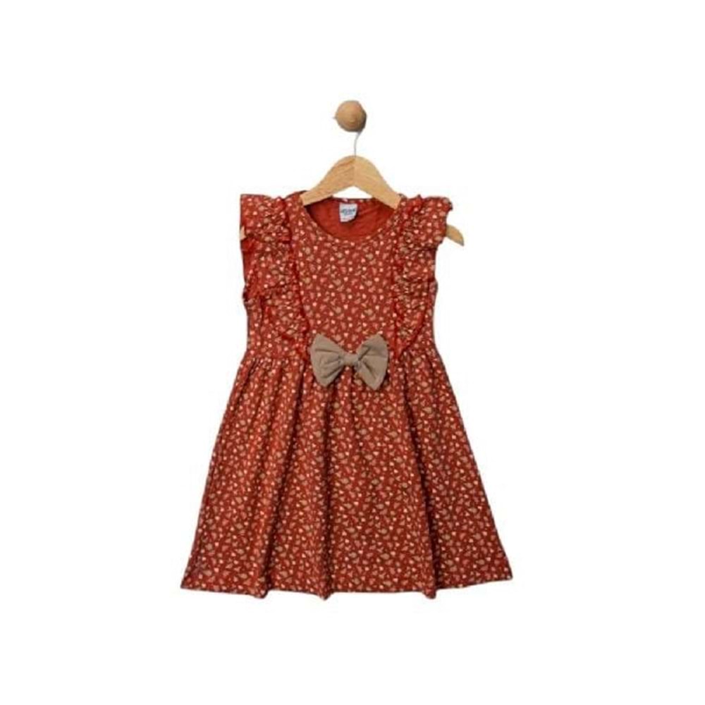 426797 Fiyonklu Desenli Messinho Elbise 2Y,3Y,4Y,5Y Kız - KİREMİT - 4-5 YAŞ