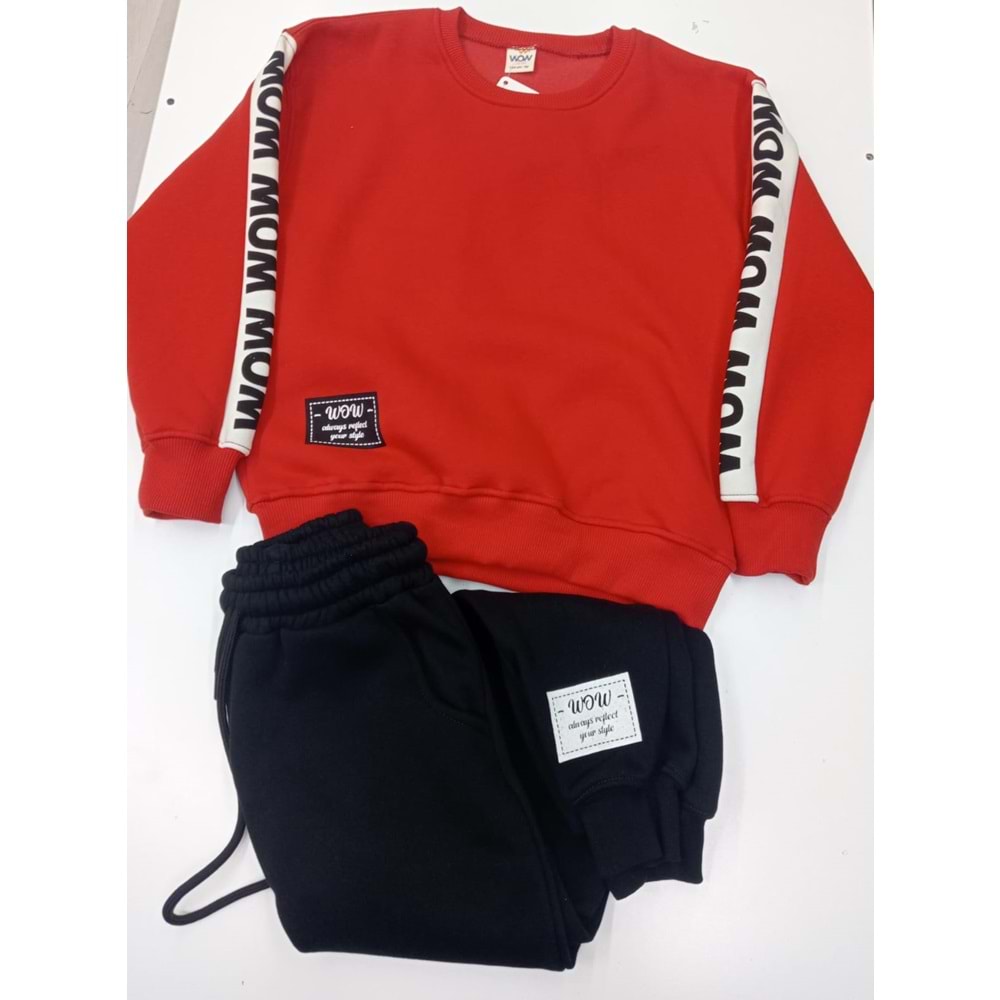 416657 3 İP Kolları Wow Baskılı Erkek Takım 9Y,10Y,11Y,12Y Erkek - KIRMIZI - 9-10 YAŞ