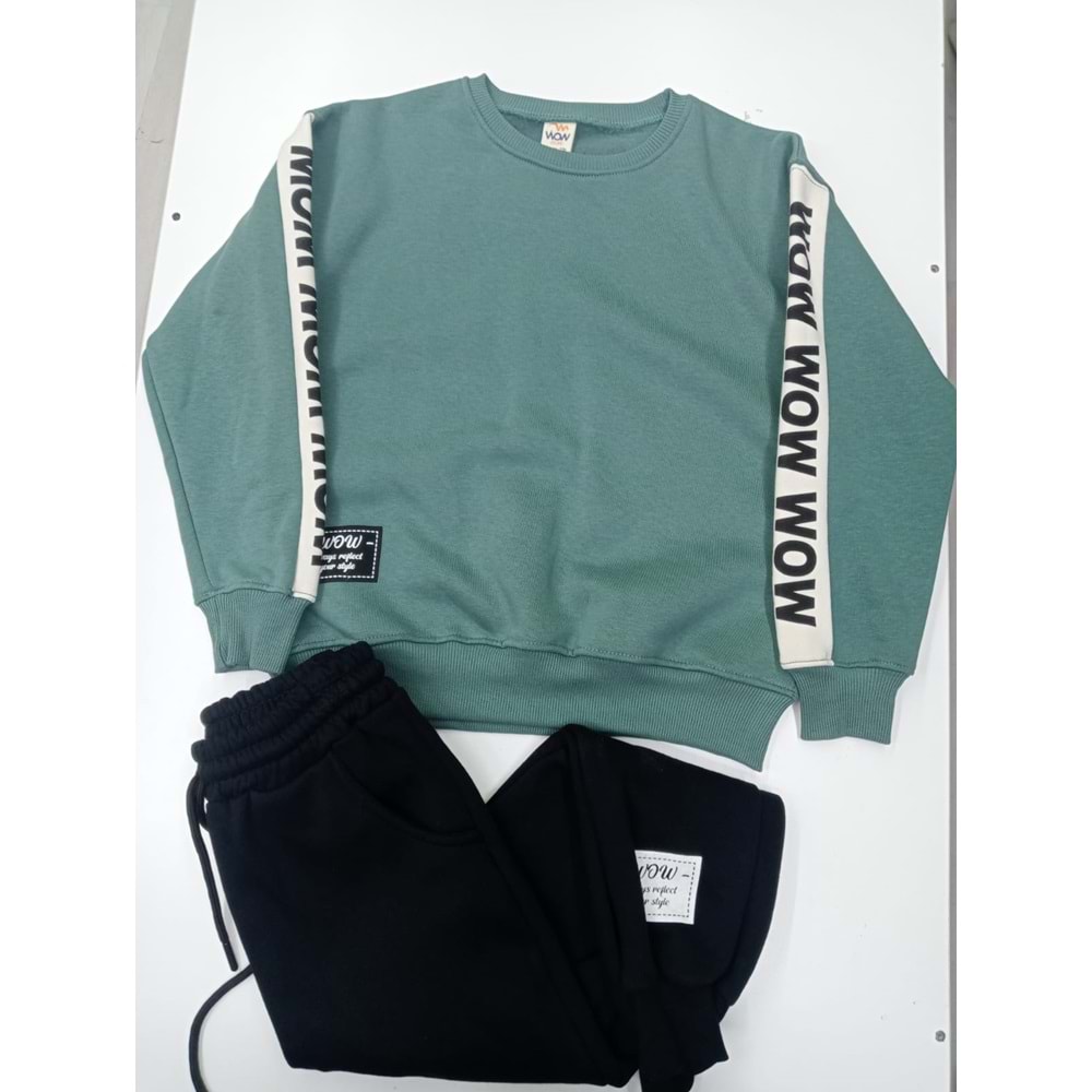 416657 3 İP Kolları Wow Baskılı Erkek Takım 9Y,10Y,11Y,12Y Erkek - SU YEŞİLİ - 8-9 YAŞ