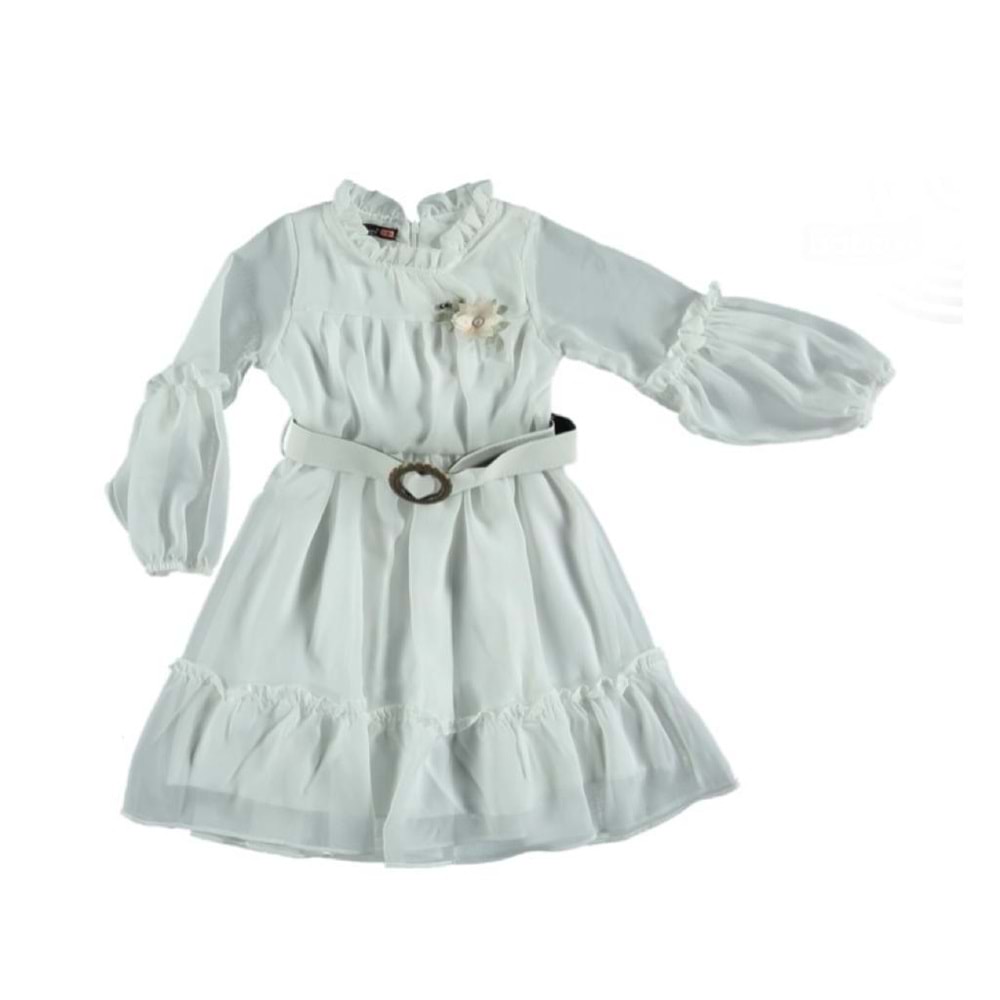 367542 Önü Güllü Kemerli Kız Şifon Elbise 5Y/8Y - BEYAZ - 7-8 YAŞ