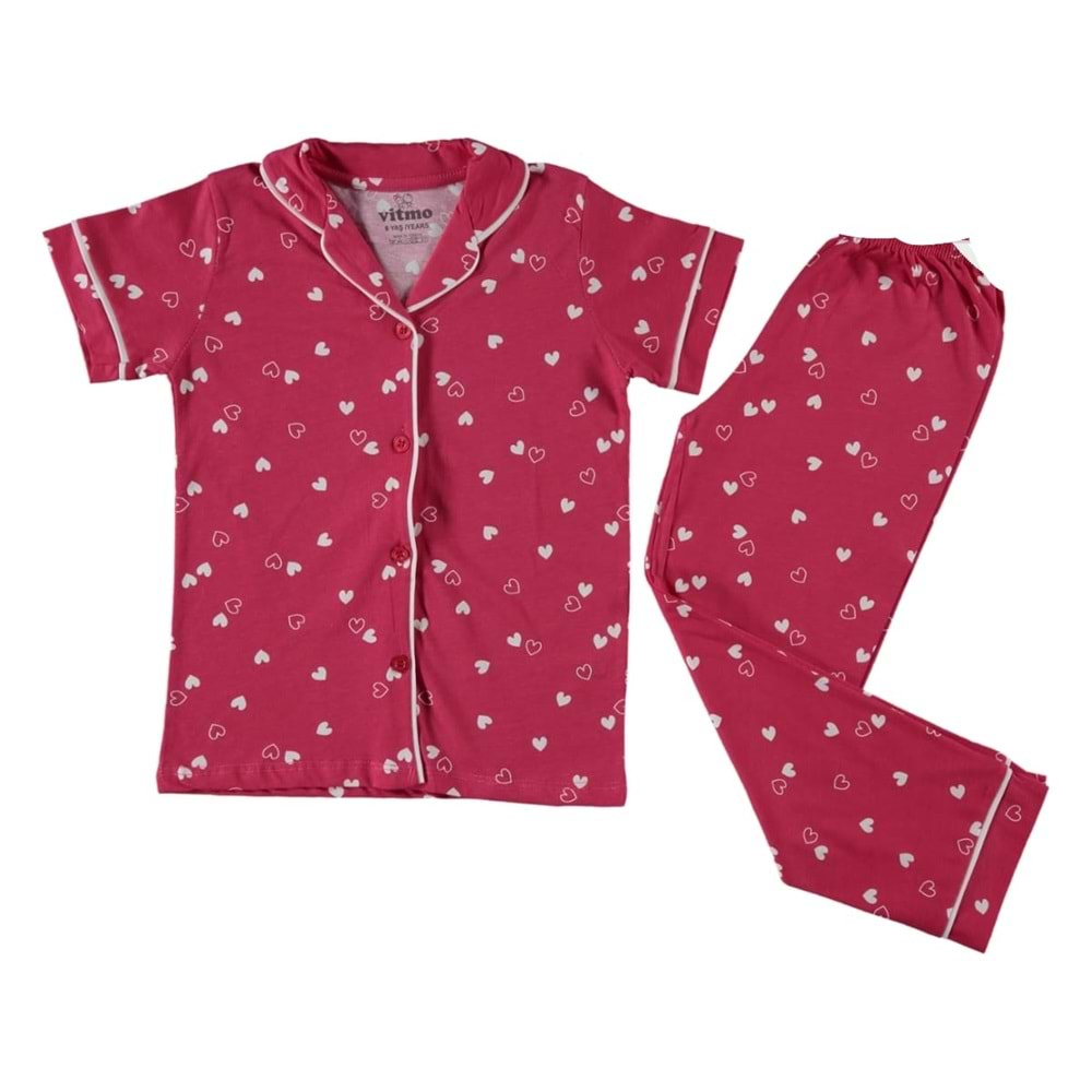 371827 Kalp Dugmeli Kısa Kol Pijama 10Y/12Y - FUŞYA - 9-10 YAŞ