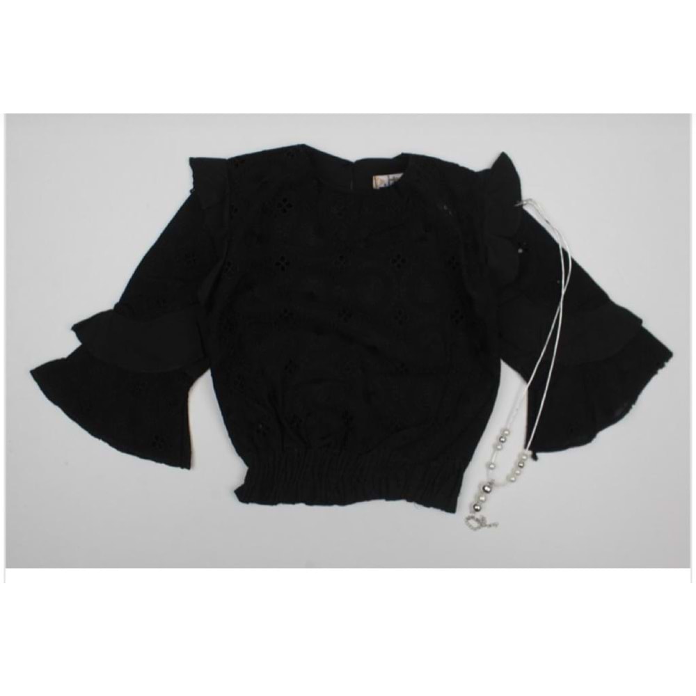 6210 5/8 YAS KOLU FIRFIRLI BRODE BLUZ - LACİVERT - 7-8 YAŞ