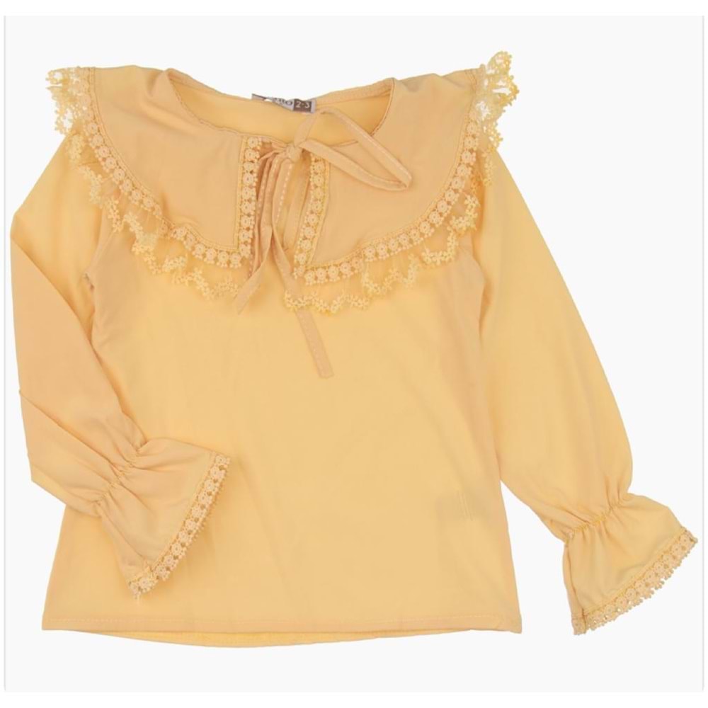 3272 6/9 YAS DANTELLI DOKME YAKA BIYE BAGLAMALI BLUZ - SARI - 7-8 YAŞ