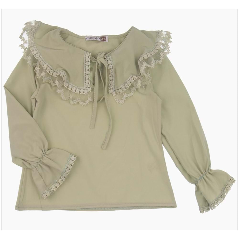 3272 6/9 YAS DANTELLI DOKME YAKA BIYE BAGLAMALI BLUZ - YEŞİL - 7-8 YAŞ