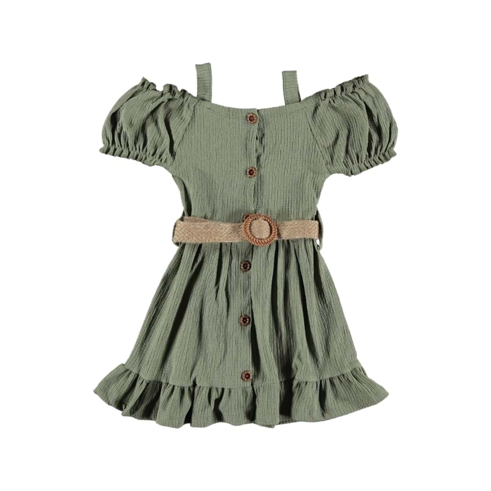 374325 KEMERLİ OMUZLARI AÇIK KIZ ELBİSE 6/10 YAŞ - HAKİ - 11-12 YAŞ