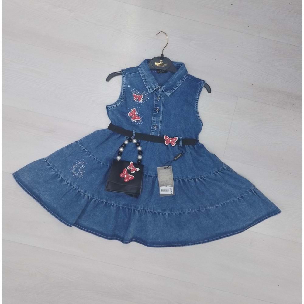 368033 5/8 Yaş Kız Kelebek Çanta Kemerli Elbise - MAVİ - 5-6 YAŞ