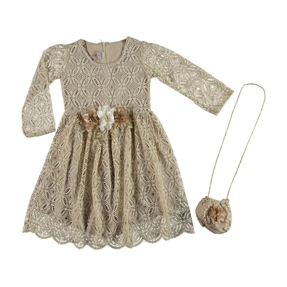 376598 RAŞEL DANTEL ÇANTALI KIZ ELBİSE 4/10 YAŞ - KREM - 5-6 YAŞ