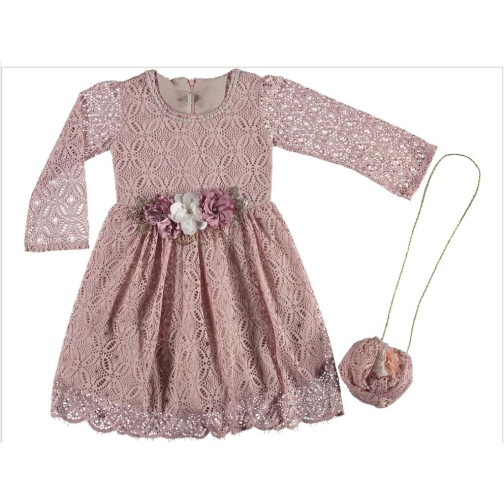 376598 RAŞEL DANTEL ÇANTALI KIZ ELBİSE 4/10 YAŞ - PEMBE - 3-4 YAŞ