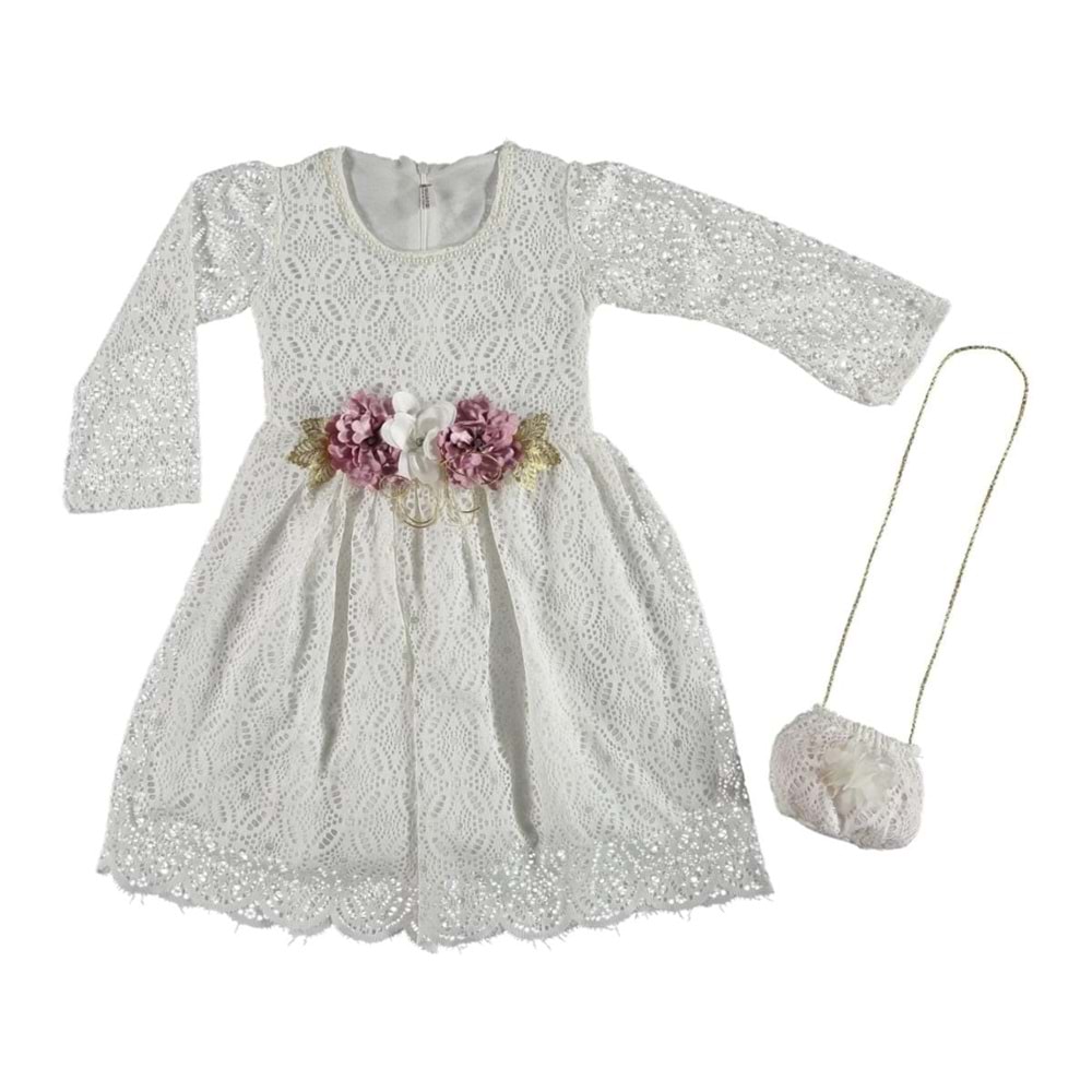 376598 RAŞEL DANTEL ÇANTALI KIZ ELBİSE 4/10 YAŞ - BEYAZ - 3-4 YAŞ