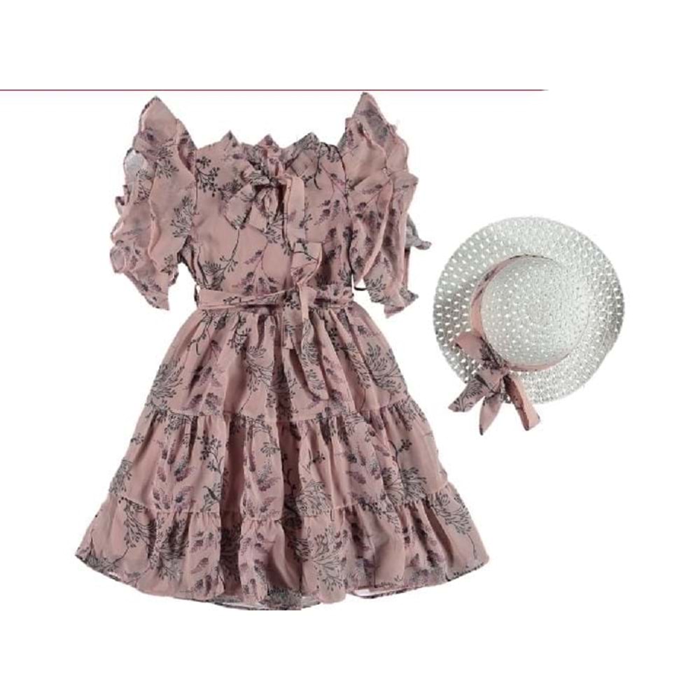 378525 Dal Desenli Şapkalı Kız Şifon Elbise 5Y,6Y,7Y,8Y - PEMBE - 4-5 YAŞ