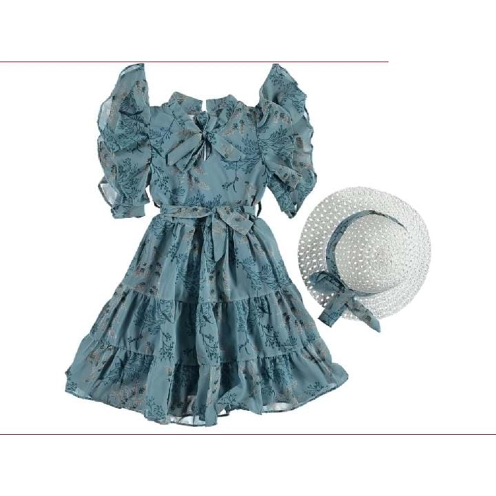 378525 Dal Desenli Şapkalı Kız Şifon Elbise 5Y,6Y,7Y,8Y - SU YEŞİLİ - 7-8 YAŞ