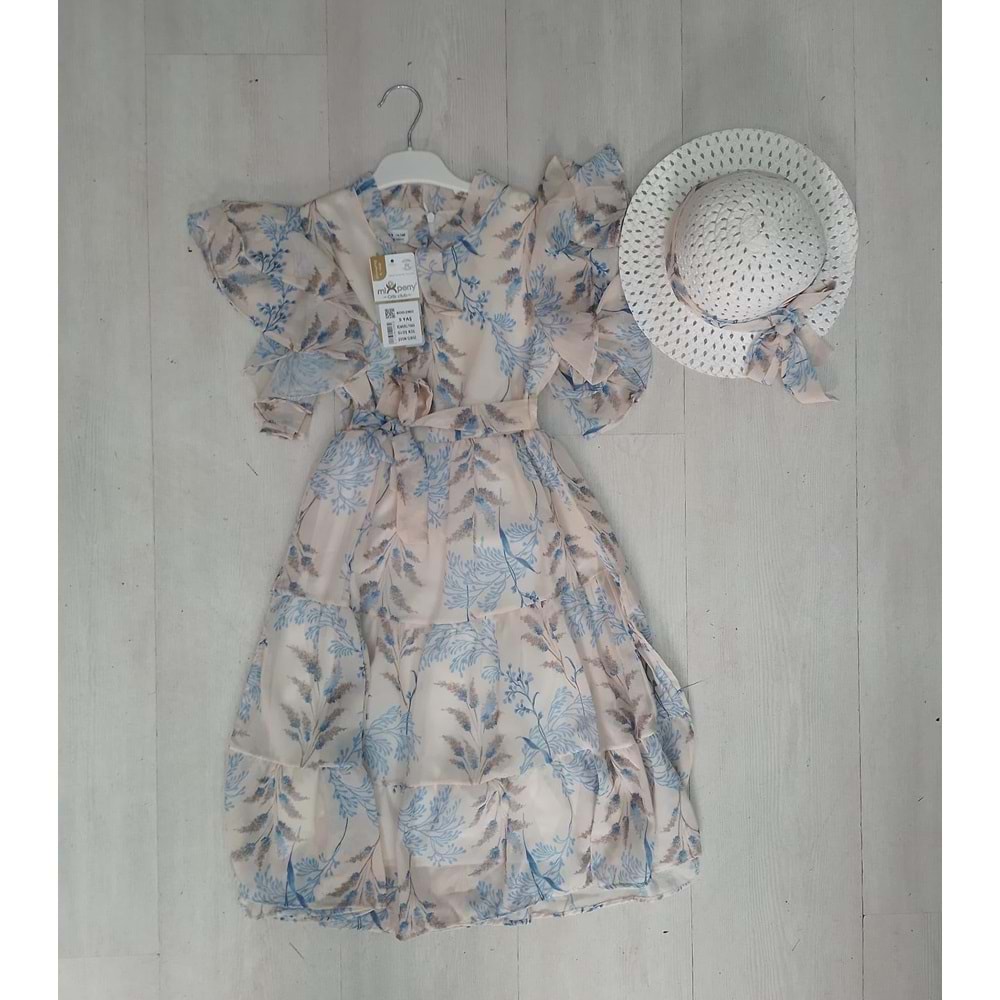 378526 Dal Desenli Şapkalı Kız Şifon Elbise 9Y,10Y,11Y,12Y - PUDRA - 8-9 YAŞ