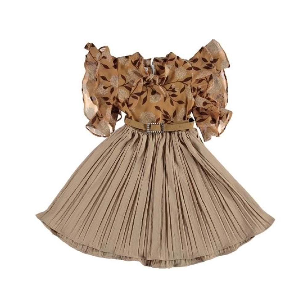 378104 Marol Kollu Desenli Ayrobinli Koz Şifon Elbise 9Y,10Y,11Y,12Y - KAHVE - 8-9 YAŞ