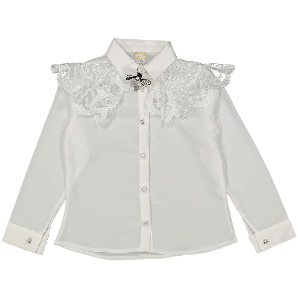114836 KIZ 5/8 YAŞ DANTEL YAKALI BROŞLU GÖMLEK - BEYAZ - 5-6 YAŞ