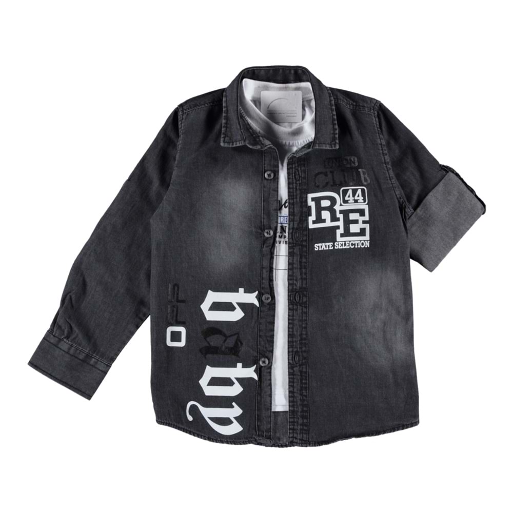 157338 CLUP 44 BASKILI UZUN KOL ERKEK KOT GÖMLEK 1/4 YAŞ - FÜME - 0-1 YAŞ