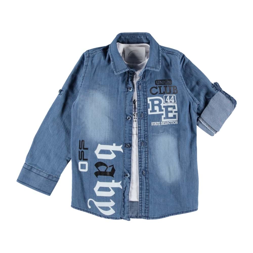 157338 CLUP 44 BASKILI UZUN KOL ERKEK KOT GÖMLEK 1/4 YAŞ - MAVİ - 0-1 YAŞ