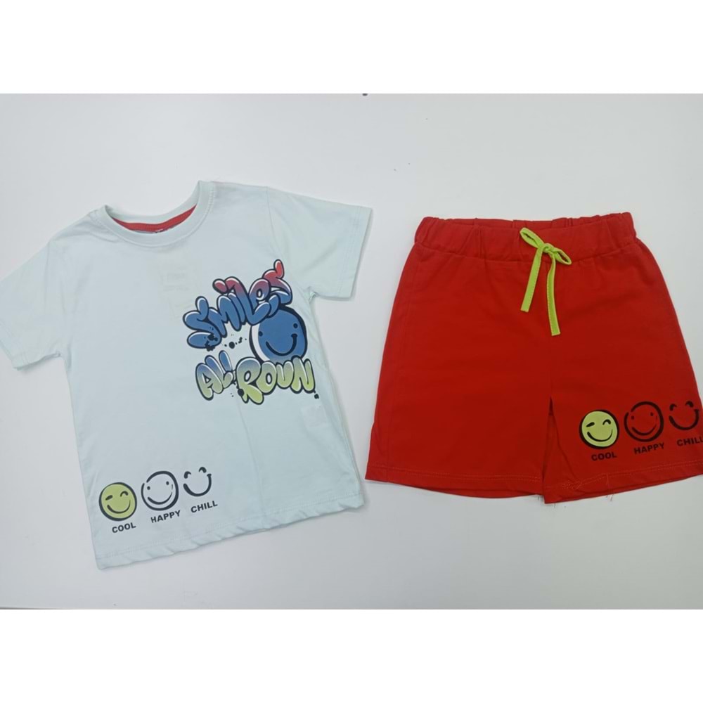 402692 Gülen Yüz Baskılı Şortlu Erkek Takım 3Y,4Y,5Y,6Y - AÇIK MAVİ - 5-6 YAŞ