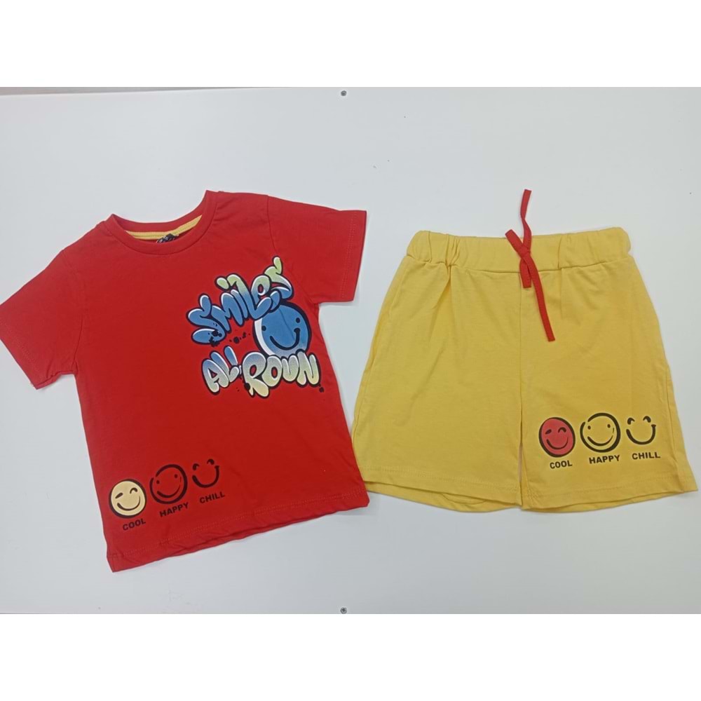 402692 Gülen Yüz Baskılı Şortlu Erkek Takım 3Y,4Y,5Y,6Y - KIRMIZI - 4-5 YAŞ