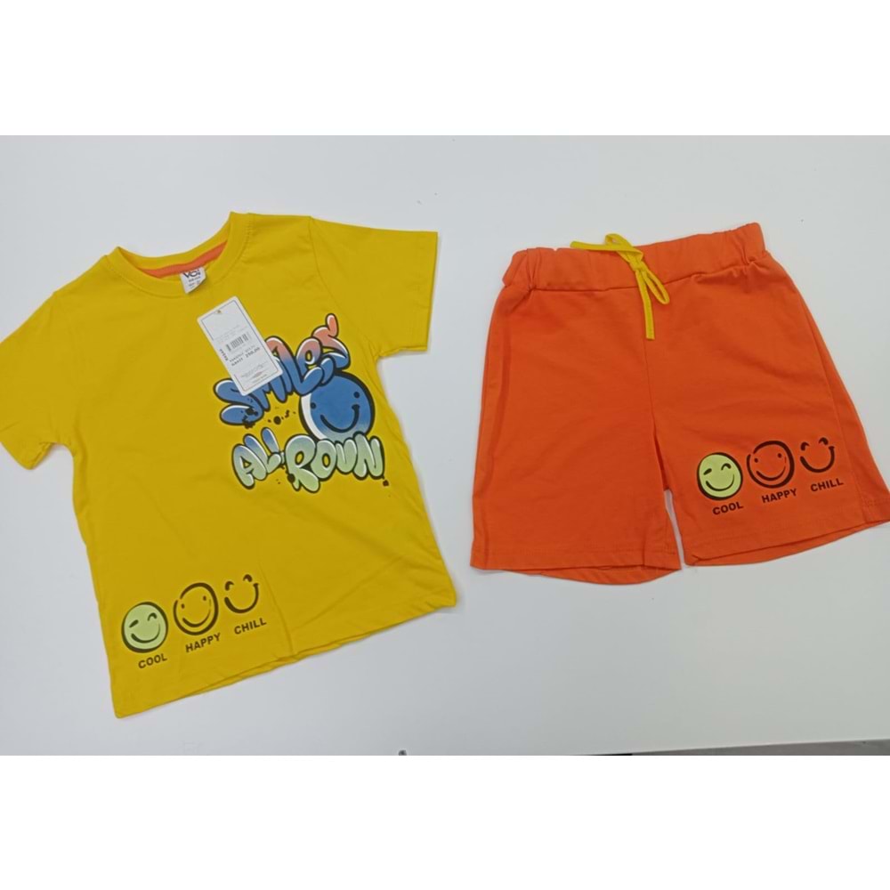 402692 Gülen Yüz Baskılı Şortlu Erkek Takım 3Y,4Y,5Y,6Y - SARI - 5-6 YAŞ