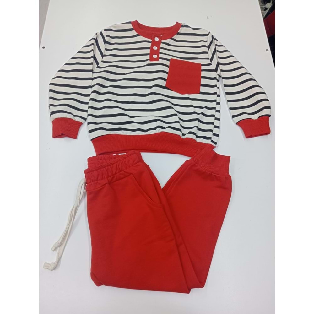 411285 Çizgili Kumaş Cepli İkili Erkek Takım 3Y,4Y - KIRMIZI - 4-5 YAŞ