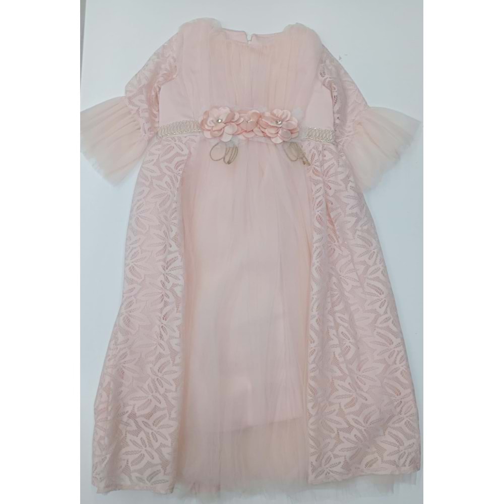 1279 TÜLLÜ DANTELİ ELBİSE - PUDRA - 7-8 YAŞ