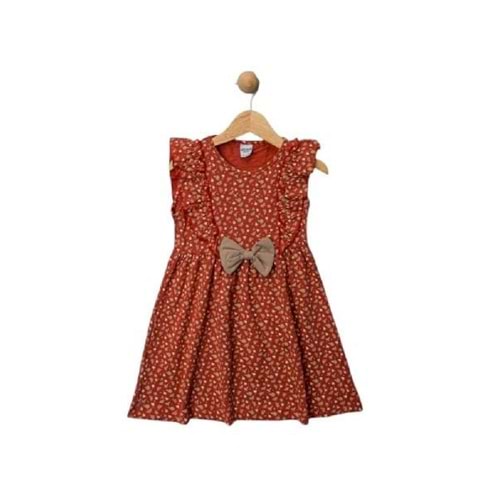 426797 Fiyonklu Desenli Messinho Elbise 2Y,3Y,4Y,5Y Kız - KİREMİT - 1-2 YAŞ