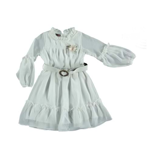 367542 Önü Güllü Kemerli Kız Şifon Elbise 5Y/8Y - BEYAZ - 7-8 YAŞ