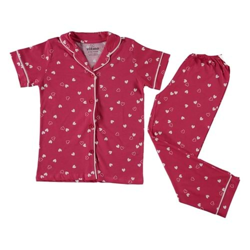 371825 Kalp Dugmeli Kısa Kol Pijama 4Y/6Y - FUŞYA - 4-5 YAŞ