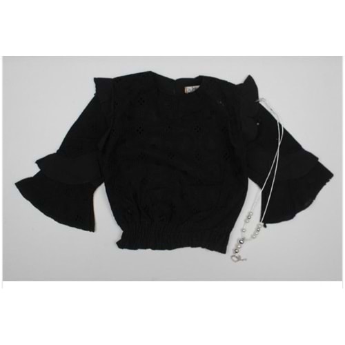 6210 5/8 YAS KOLU FIRFIRLI BRODE BLUZ - VİZON - 7-8 YAŞ