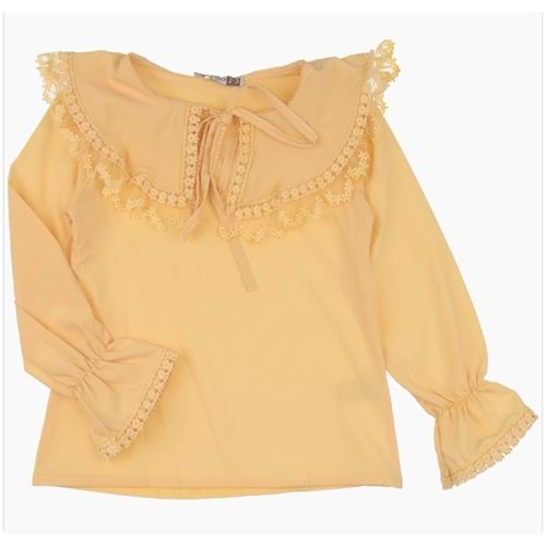 3272 6/9 YAS DANTELLI DOKME YAKA BIYE BAGLAMALI BLUZ - SARI - 6-7 YAŞ