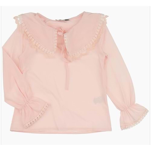 3272 6/9 YAS DANTELLI DOKME YAKA BIYE BAGLAMALI BLUZ - YAVRUAĞZI - 6-7 YAŞ