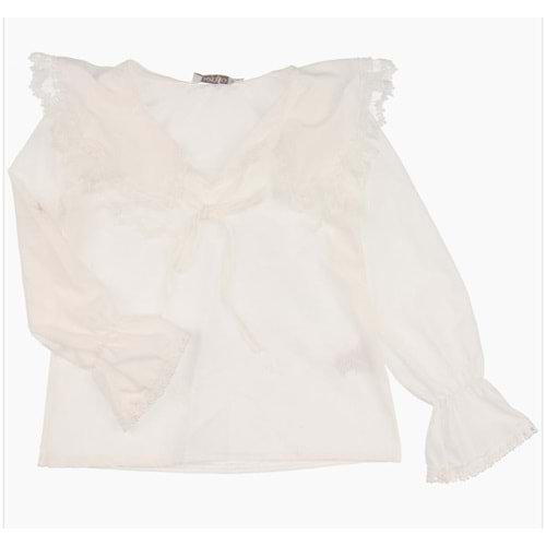 3272 6/9 YAS DANTELLI DOKME YAKA BIYE BAGLAMALI BLUZ - BEYAZ - 6-7 YAŞ