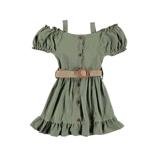 374325 KEMERLİ OMUZLARI AÇIK KIZ ELBİSE 6/10 YAŞ - HAKİ - 6-7 YAŞ