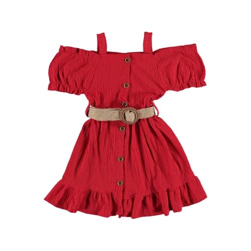 374325 KEMERLİ OMUZLARI AÇIK KIZ ELBİSE 6/10 YAŞ - KIRMIZI - 5-6 YAŞ