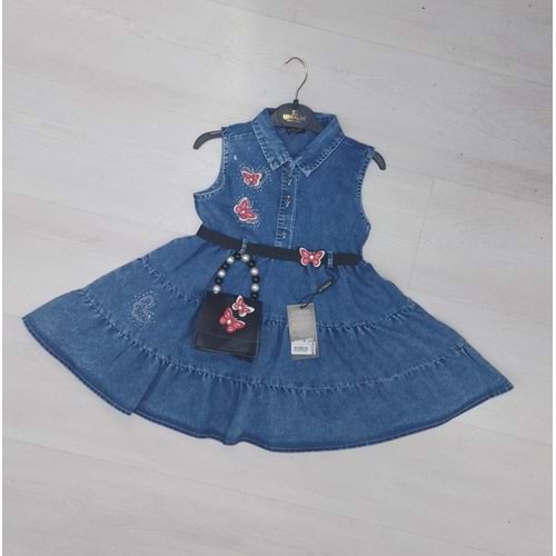 368033 5/8 Yaş Kız Kelebek Çanta Kemerli Elbise - MAVİ - 4-5 YAŞ