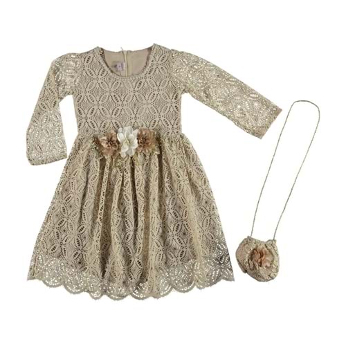 376598 RAŞEL DANTEL ÇANTALI KIZ ELBİSE 4/10 YAŞ - KREM - 5-6 YAŞ