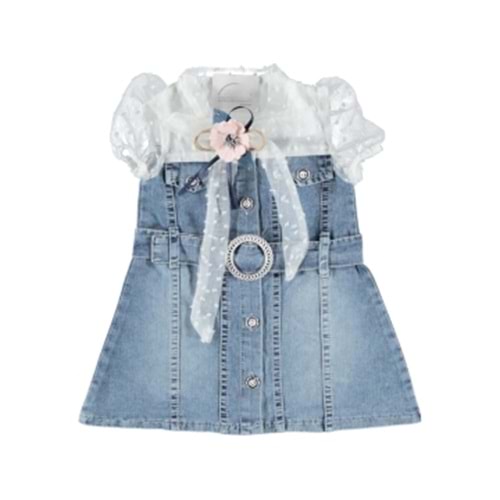 372343 ÜSTÜ DANTEL KIZ KOT ELBİSE 1/4 YAŞ - MAVİ - 1-2 YAŞ