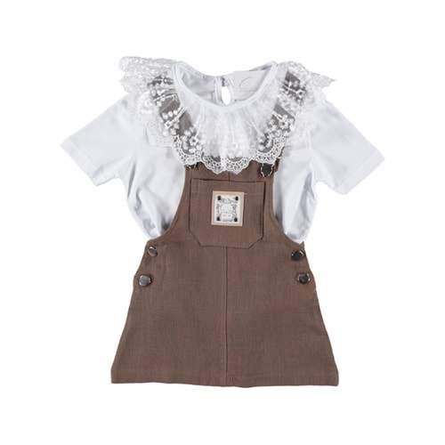 378159 DANTELLİ TİŞÖRTLÜ KETEN SALOPET 3/7 YAŞ - KAHVE - 6-7 YAŞ