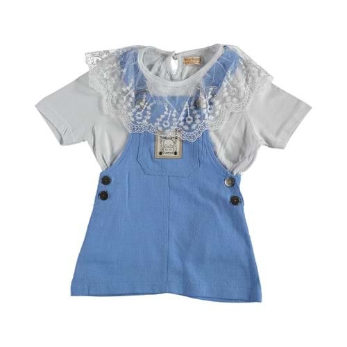 378159 DANTELLİ TİŞÖRTLÜ KETEN SALOPET 3/7 YAŞ - MAVİ - 5-6 YAŞ