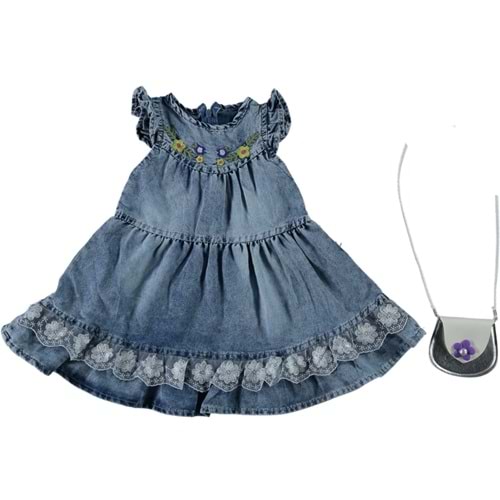 372368 Yaka Oval Nakışlı Elbise 6Y,7Y,8Y,9Y - MAVİ - 8-9 YAŞ