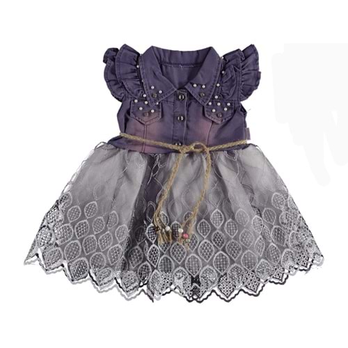 378056 Omz İki Fırfırlı Kot Elbise 2Y,3Y,4Y,5Y - MOR - 2-3 YAŞ