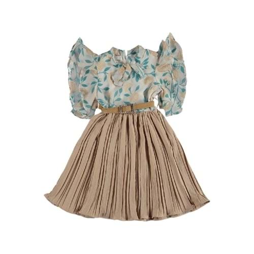 378103 Marol Kollu Desenli Ayrobinli Koz Şifon Elbise 5Y,6Y,7Y,8Y - SU YEŞİLİ - 4-5 YAŞ