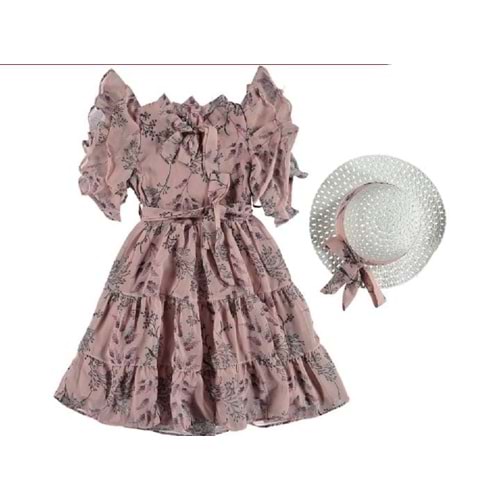 378525 Dal Desenli Şapkalı Kız Şifon Elbise 5Y,6Y,7Y,8Y - PEMBE - 4-5 YAŞ