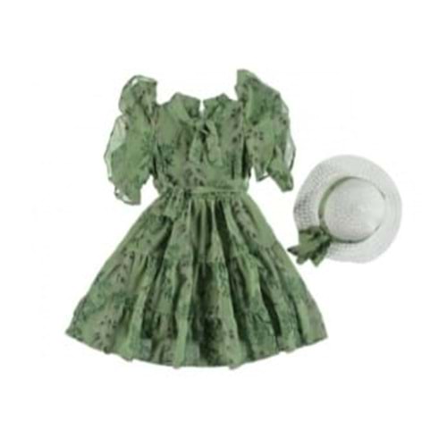 378525 Dal Desenli Şapkalı Kız Şifon Elbise 5Y,6Y,7Y,8Y - YEŞİL - 4-5 YAŞ