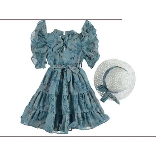 378525 Dal Desenli Şapkalı Kız Şifon Elbise 5Y,6Y,7Y,8Y - SU YEŞİLİ - 6-7 YAŞ