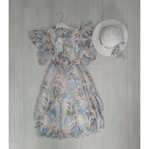 378526 Dal Desenli Şapkalı Kız Şifon Elbise 9Y,10Y,11Y,12Y - PUDRA - 10-11 YAŞ